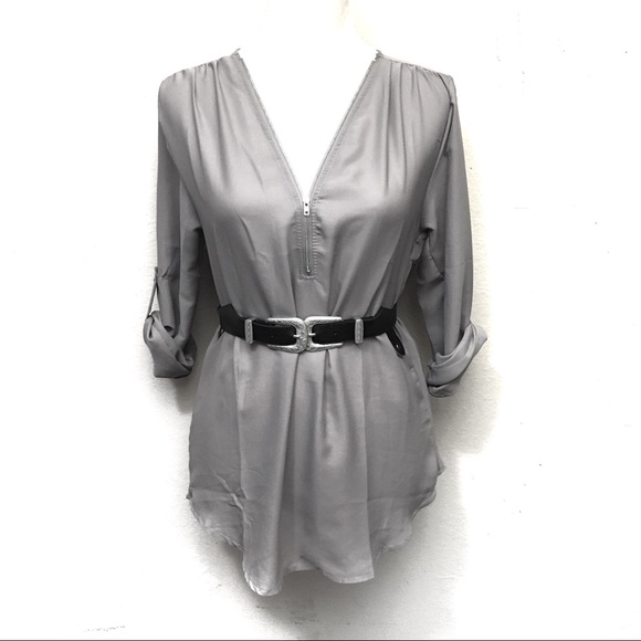 Elegant v neck slight sheer grey zipper roll up sl - Picture 2 of 8